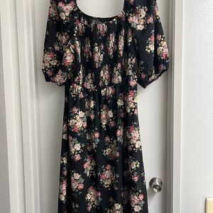 Pink and Orange Puff Sleeve Midi Sundress